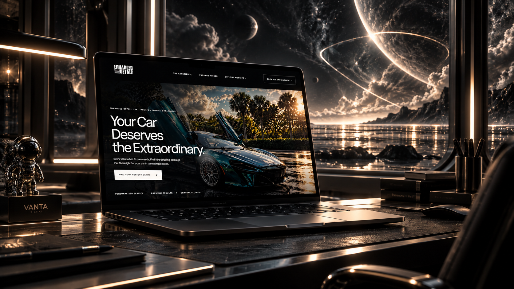 Enhanced Detail USA website displayed on a laptop in a cinematic space-themed studio